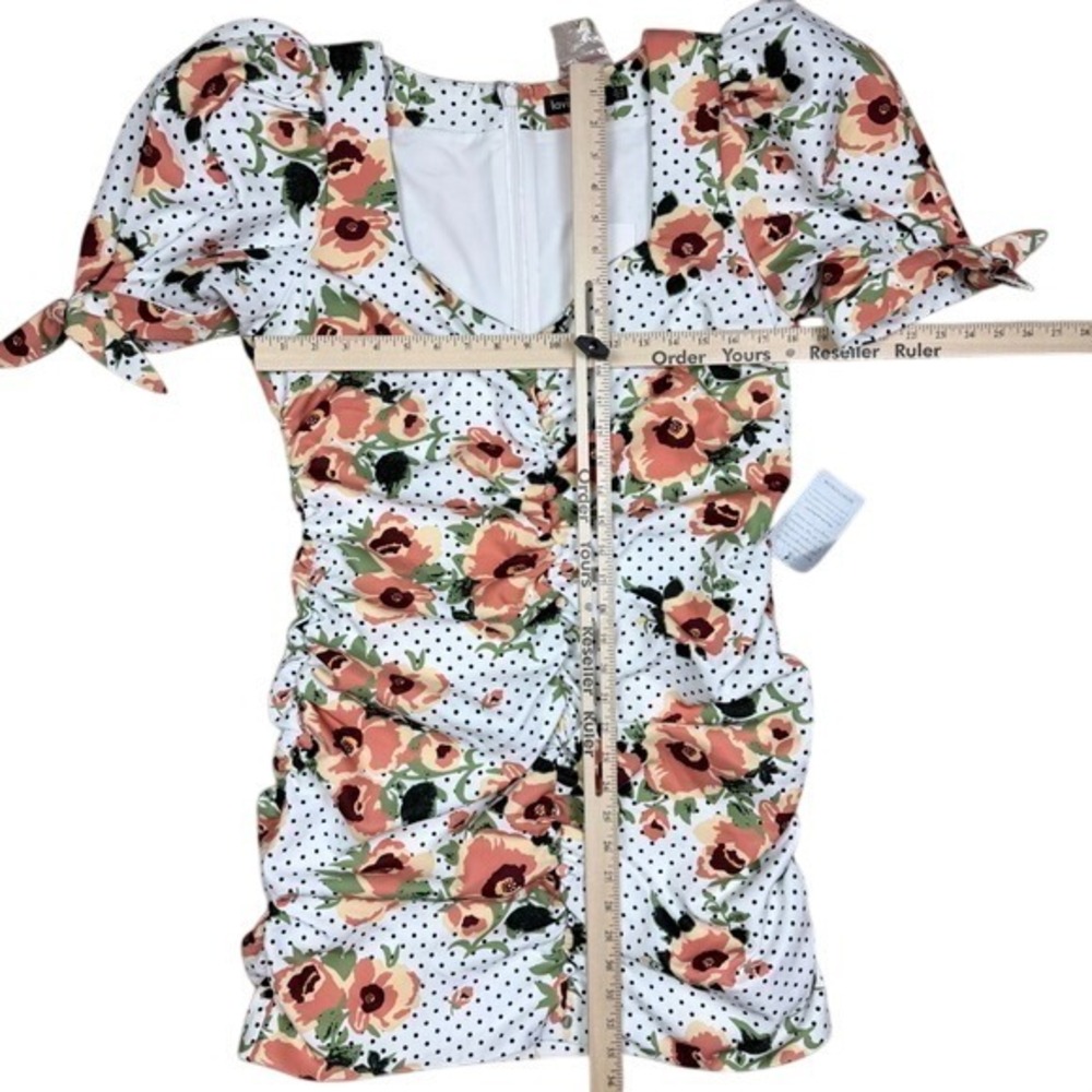 NWT Lavish‎ Alice Polka Dot Floral Ruched Puff Sleeve Mini Dress White 14 - Picture 4 of 7
